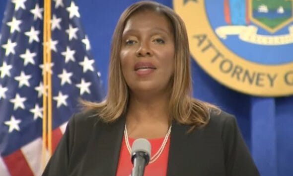 Letitia James speaking at a press conference in New York.
