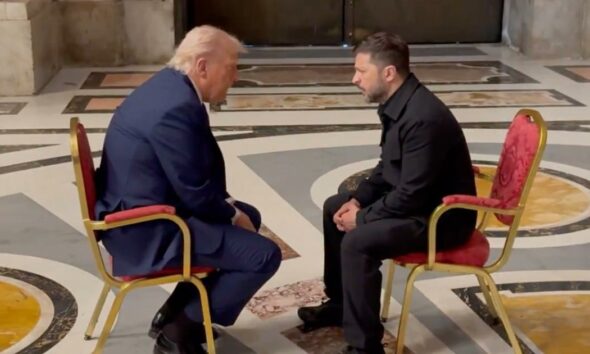 President Trump and President Zelensky sit face-to-face in a private meeting inside St. Peter’s Basilica during Pope Francis’s funeral.